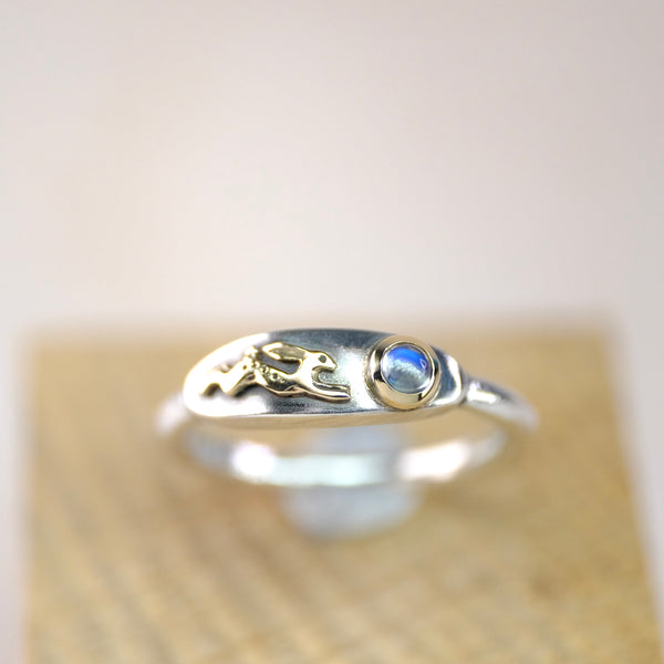 Silver and Gold 'Magical Hare' Ring With Moonstone by Nick Hubbard Jewellery.