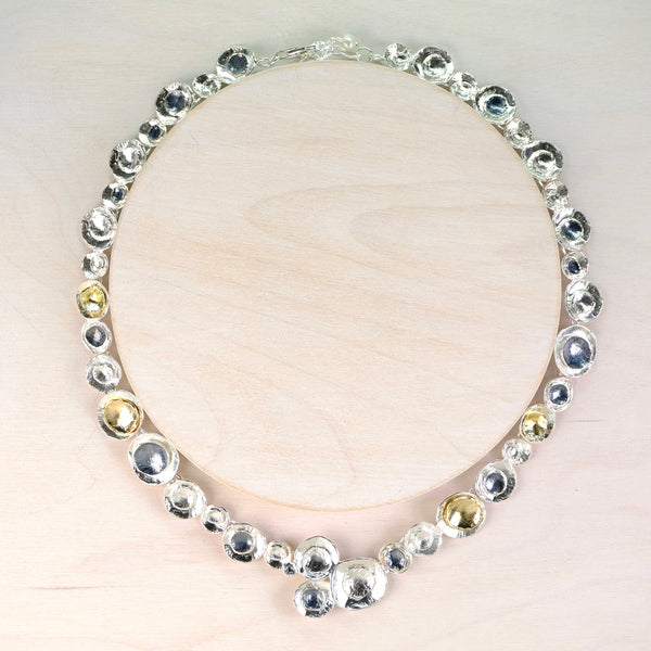 Satin Silver, Oxidized Silver and Gold Plated Linked Necklace by JB Designs.