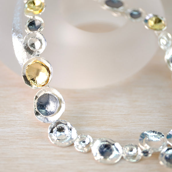 Satin Silver, Oxidized Silver and Gold Plated Linked Necklace by JB Designs.