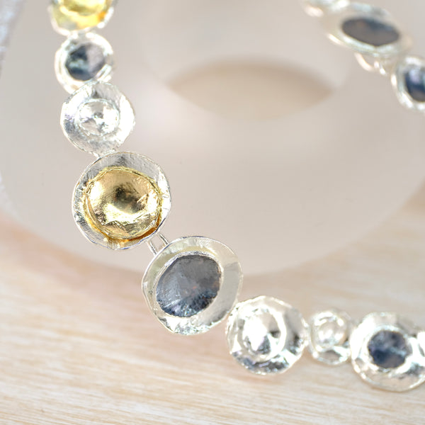 Satin Silver, Oxidized Silver and Gold Plated Linked Necklace by JB Designs.