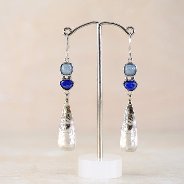 Long Slender Silver, Lapis Lazuli and Aquamarine Earrings.