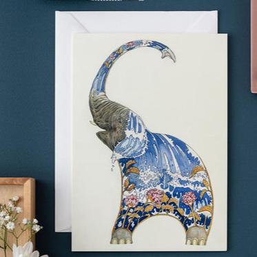 'Elephant Squirting Water' Blank Greetings Card by DM Collection.