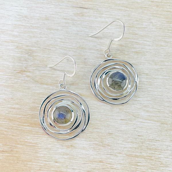 Silver and Dark Rainbow Moonstone Drop Earrings.