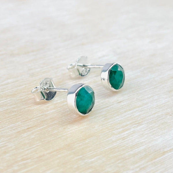 Small Emerald Quartz and Silver Stud Earrings.