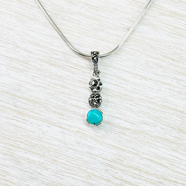Triple Drop Silver, Turquoise and Marcasite Pendant.