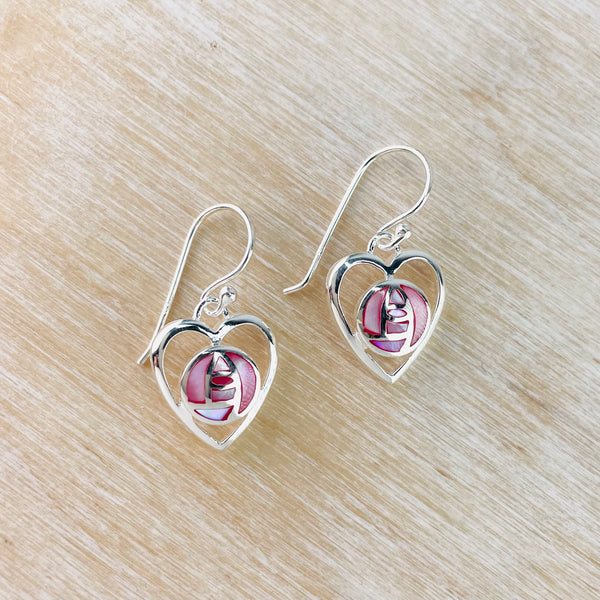 Pink Shell and Silver 'Mackintosh' Heart Earrings.
