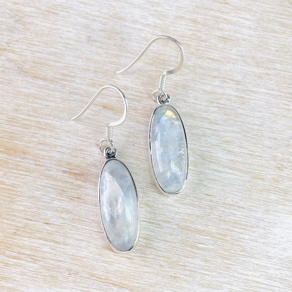 Long Oval Silver and Rainbow Moonstone Drop Earrings.