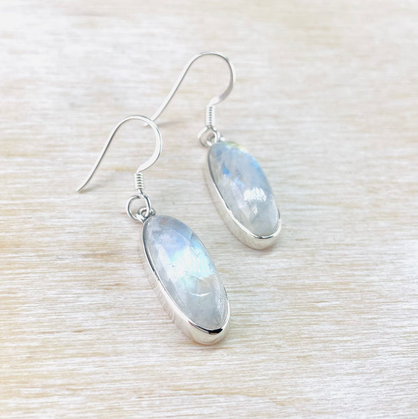 Long Oval Silver and Rainbow Moonstone Drop Earrings.