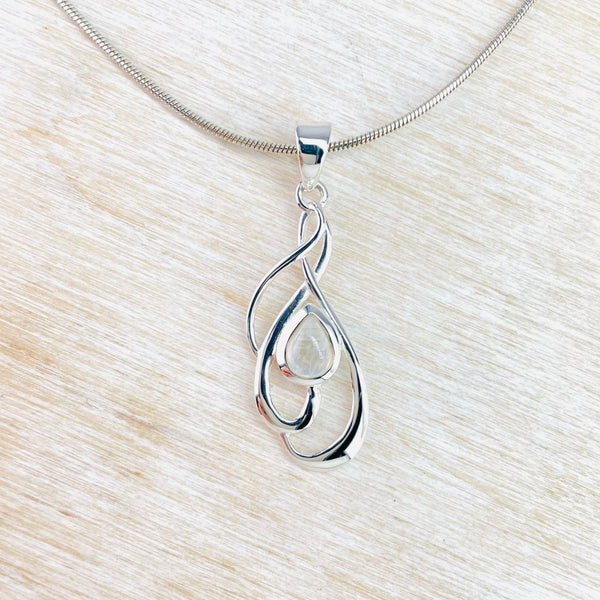 Delicate Silver Twist and Rainbow Moonstone Pendant.