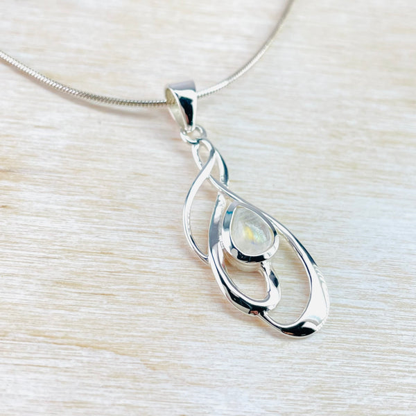 Delicate Silver Twist and Rainbow Moonstone Pendant.