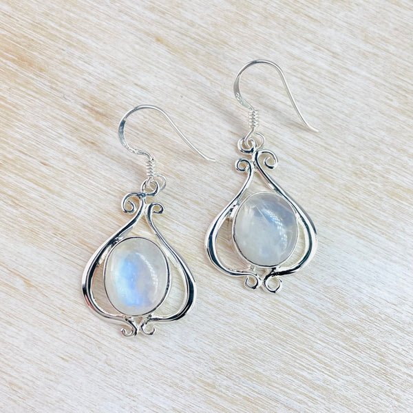 Ornate Silver and Rainbow Moonstone Drop Earrings.