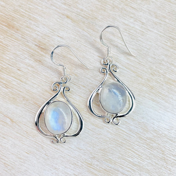 Ornate Silver and Rainbow Moonstone Drop Earrings.