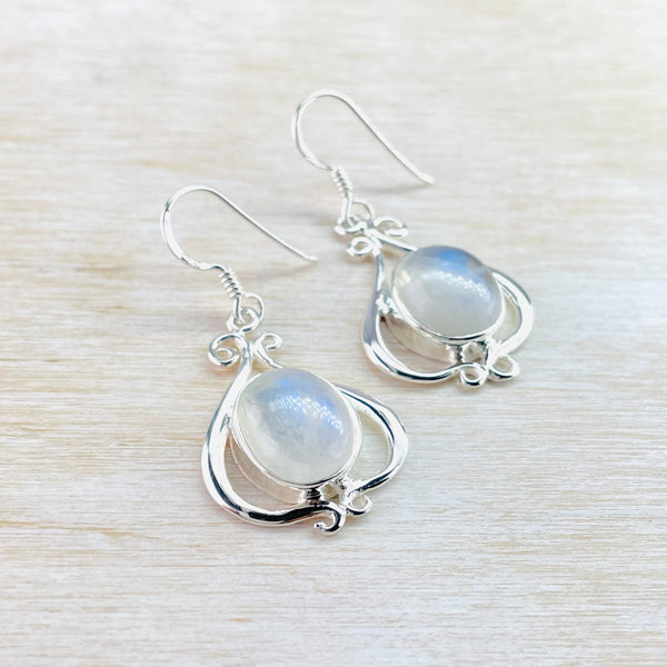 Ornate Silver and Rainbow Moonstone Drop Earrings.