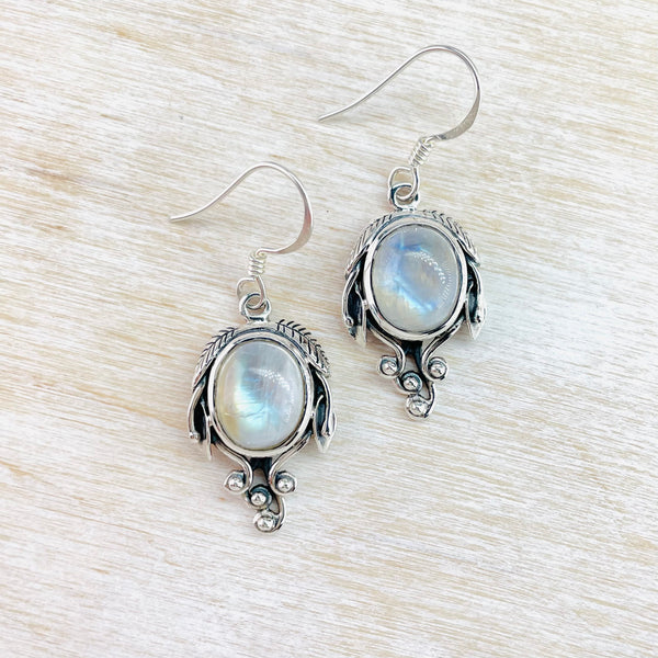 Art Nouveau Style Silver and Rainbow Moonstone Earrings.
