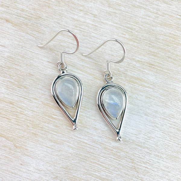 Pear Shaped Silver and Rainbow Moonstone Earrings.