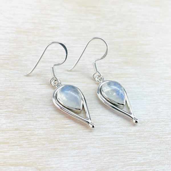 Pear Shaped Silver and Rainbow Moonstone Earrings.