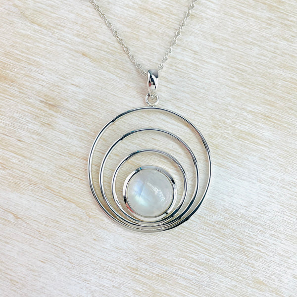 Silver Circles and Rainbow Moonstone Pendant.