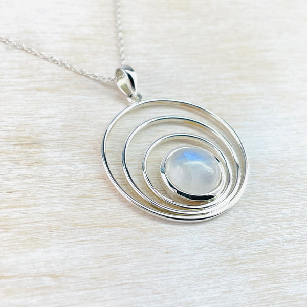 Silver Circles and Rainbow Moonstone Pendant.