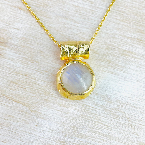Round Textured Gold Plated Silver and Rainbow Moonstone Pendant.