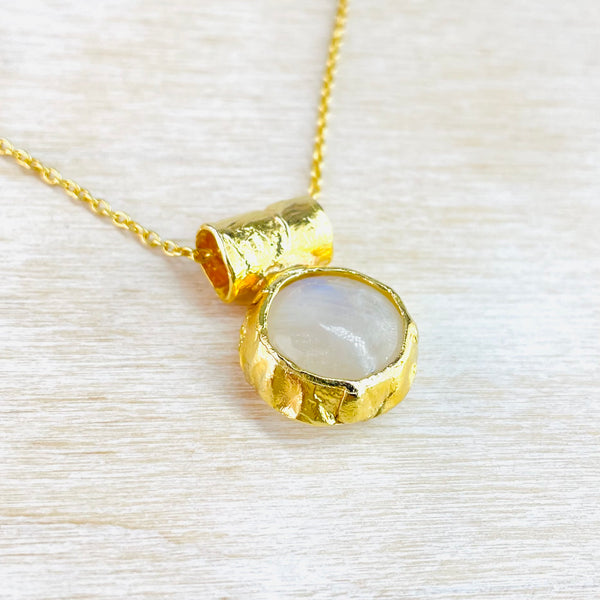 Round Textured Gold Plated Silver and Rainbow Moonstone Pendant.