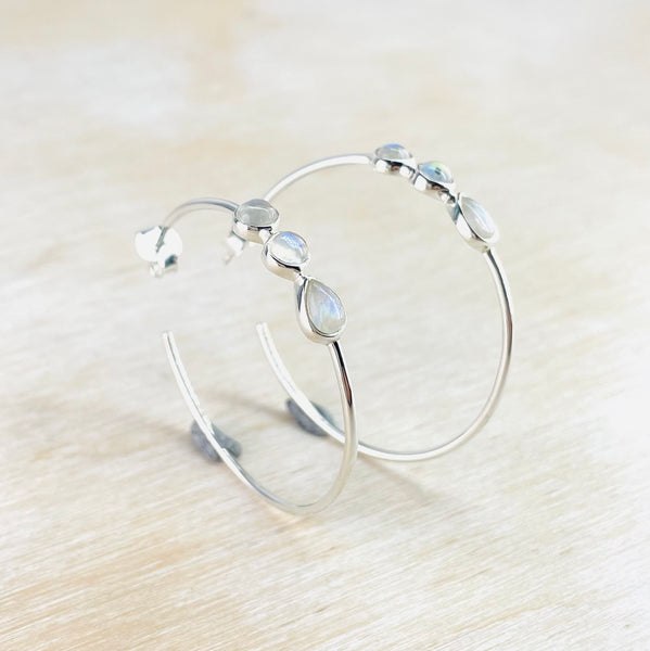 Round Hoop Silver and Rainbow Moonstone Earrings.