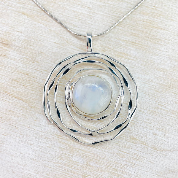 Silver Spiral and Rainbow Moonstone Pendant.
