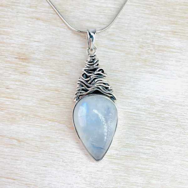 Silver Scribble and Rainbow Moonstone Pendant.
