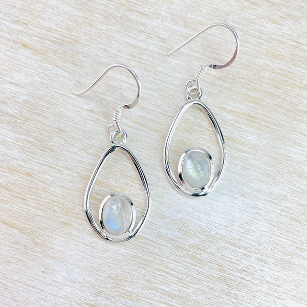 Tear Drop Silver and Rainbow Moonstone Earrings.