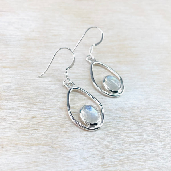 Tear Drop Silver and Rainbow Moonstone Earrings.