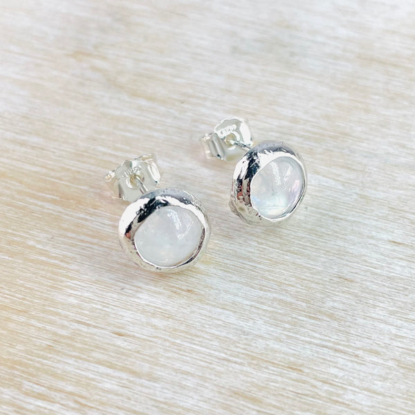 Round Textured Silver and Rainbow Moonstone Stud Earrings.