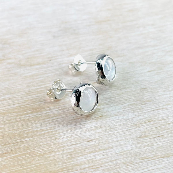 Round Textured Silver and Rainbow Moonstone Stud Earrings.
