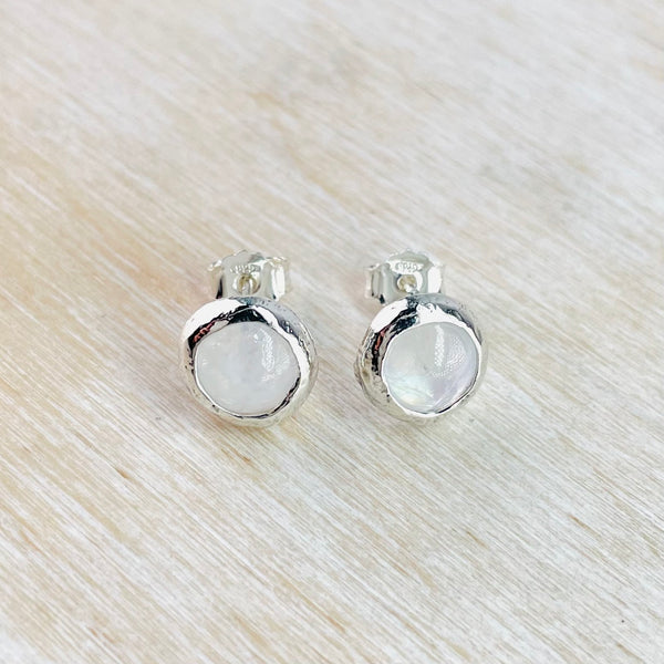 Round Textured Silver and Rainbow Moonstone Stud Earrings.