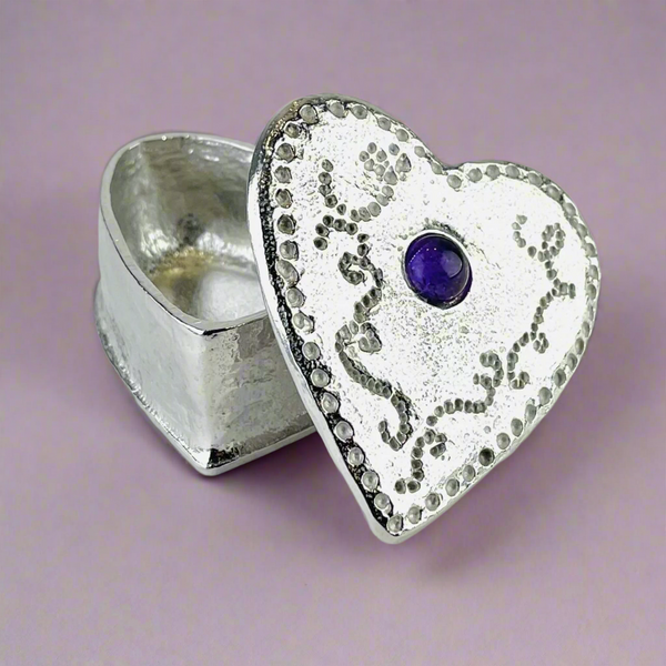 A Handmade Pewter Heart Trinket Box with Amethyst.