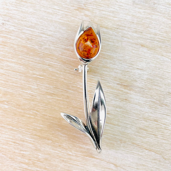 Sterling Silver and Amber Tulip Design Brooch.