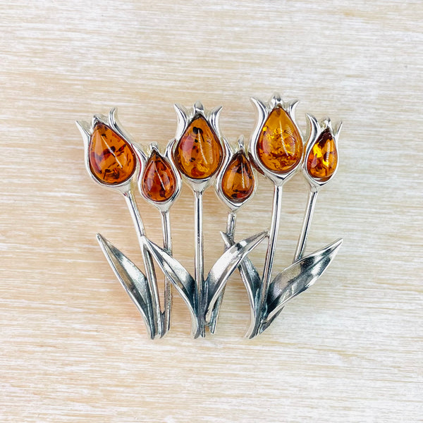 Silver and Amber 'Tulips' Design Brooch.
