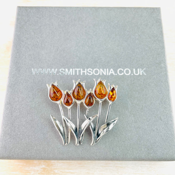 Silver and Amber 'Tulips' Design Brooch.