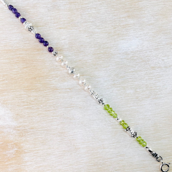 Amethyst, Peridot, Fresh Water Pearl and Silver Bracelet by Emily Merrix.