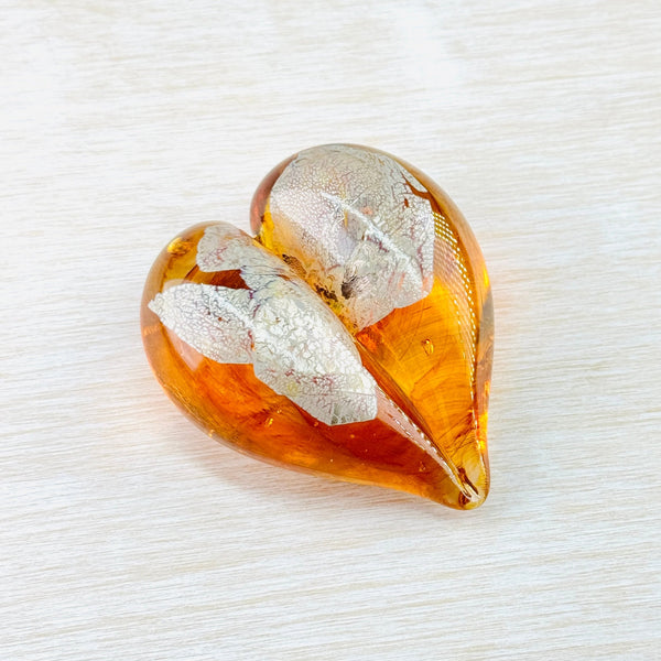 Yellow and Gold Hand Made Blown Glass Heart Paperweight.