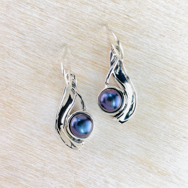 Silver and Peacock Pearl Drop Earrings.