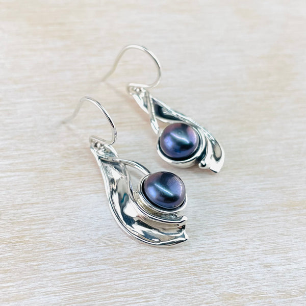 Silver and Peacock Pearl Drop Earrings.
