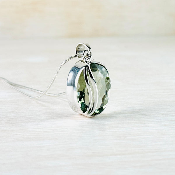 Oval Green Amethyst Pendant with Sterling Silver Overlay.