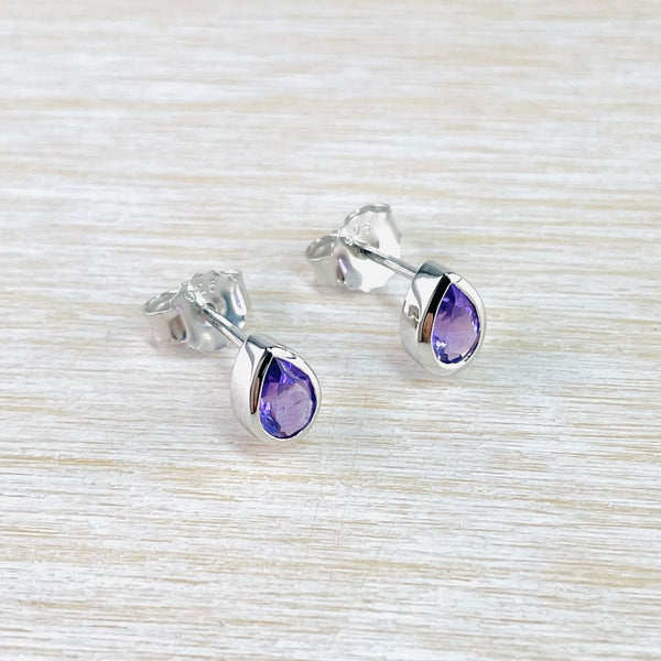 Silver and Amethyst Tear Drop Stud Earrings by JB Designs.