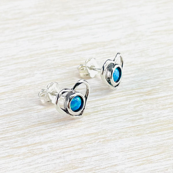 Opal and Silver Heart Stud Earrings