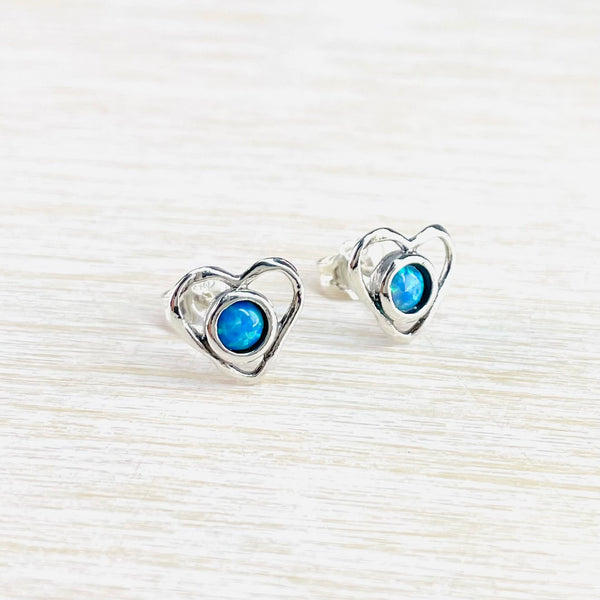 Opal and Silver Heart Stud Earrings