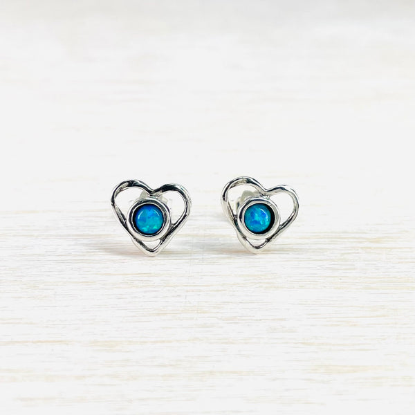 Opal and Silver Heart Stud Earrings