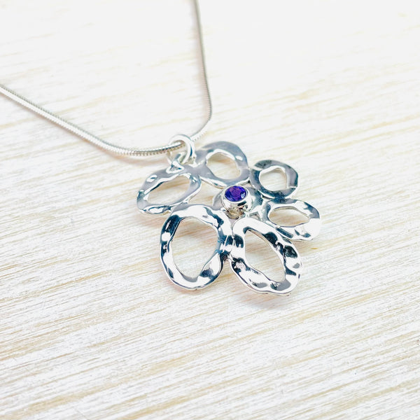 Sterling Silver Flower and Cabochon Amethyst Pendant.