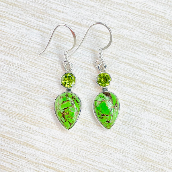 Sterling Silver, Green Mojave Turquoise and Peridot Earrings.