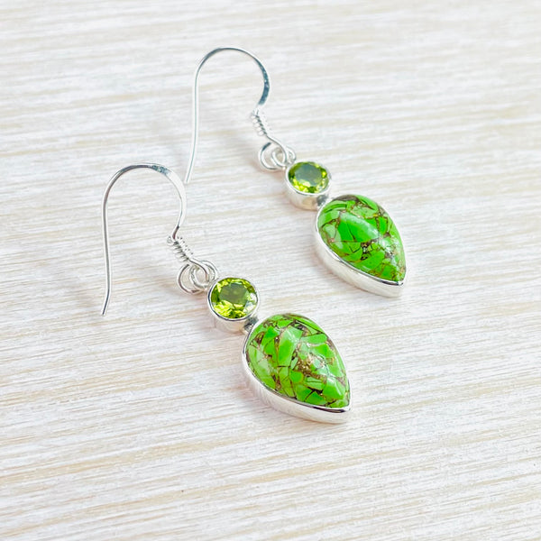 Sterling Silver, Green Mojave Turquoise and Peridot Earrings.