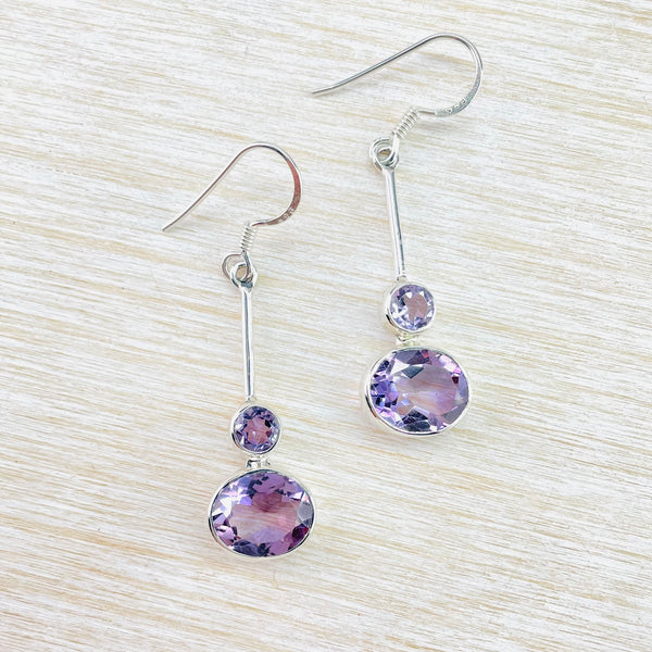 Sterling Silver and Amethyst Two Stoned Drop Earrings.