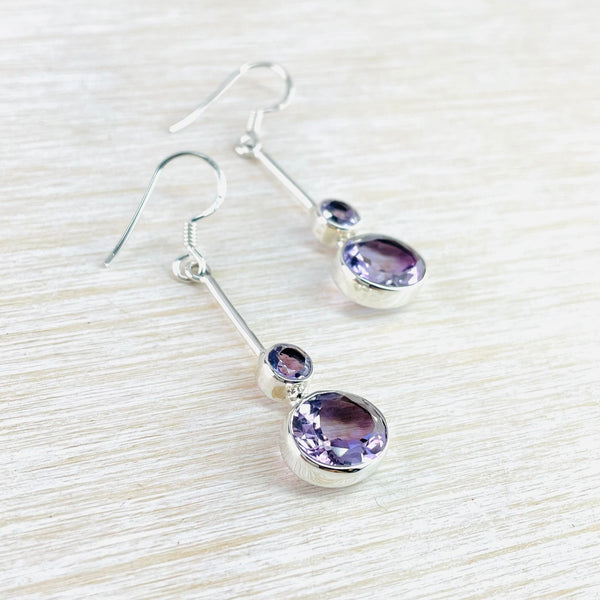 Sterling Silver and Amethyst Two Stoned Drop Earrings.